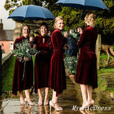 Long Sleeves Wine Burgundy Velvet Bridesmaid Dresses Short High Neck MyChicDress